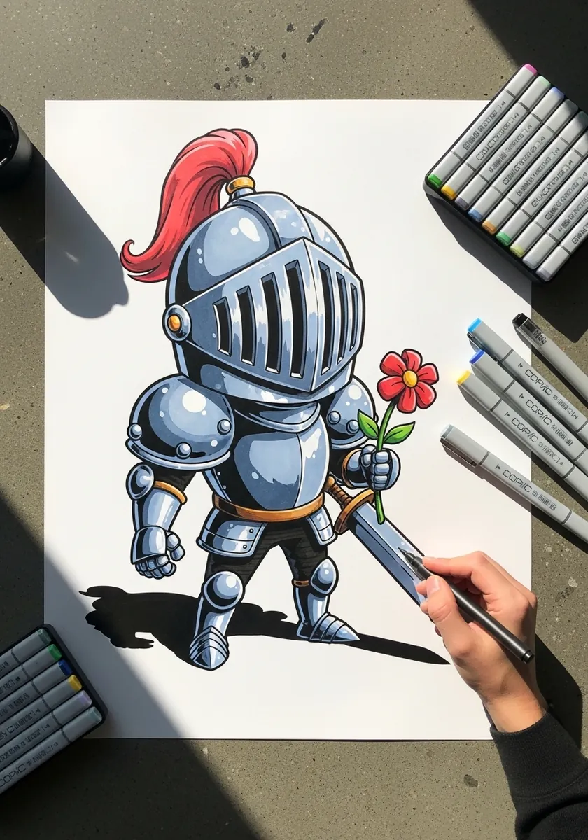 Chibi cartoon knight in gray armor holding a sword and a red flower