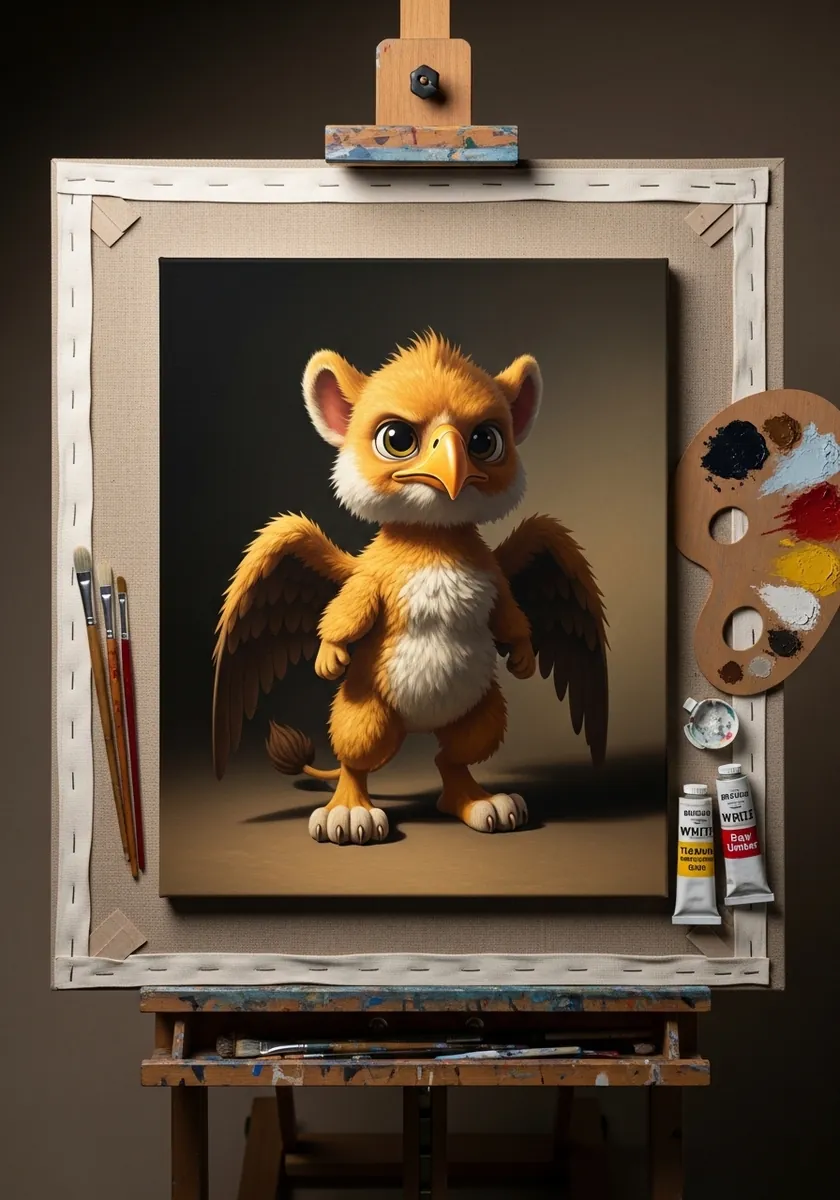 Cartoon baby griffin with golden fur and wings painted in an old master style