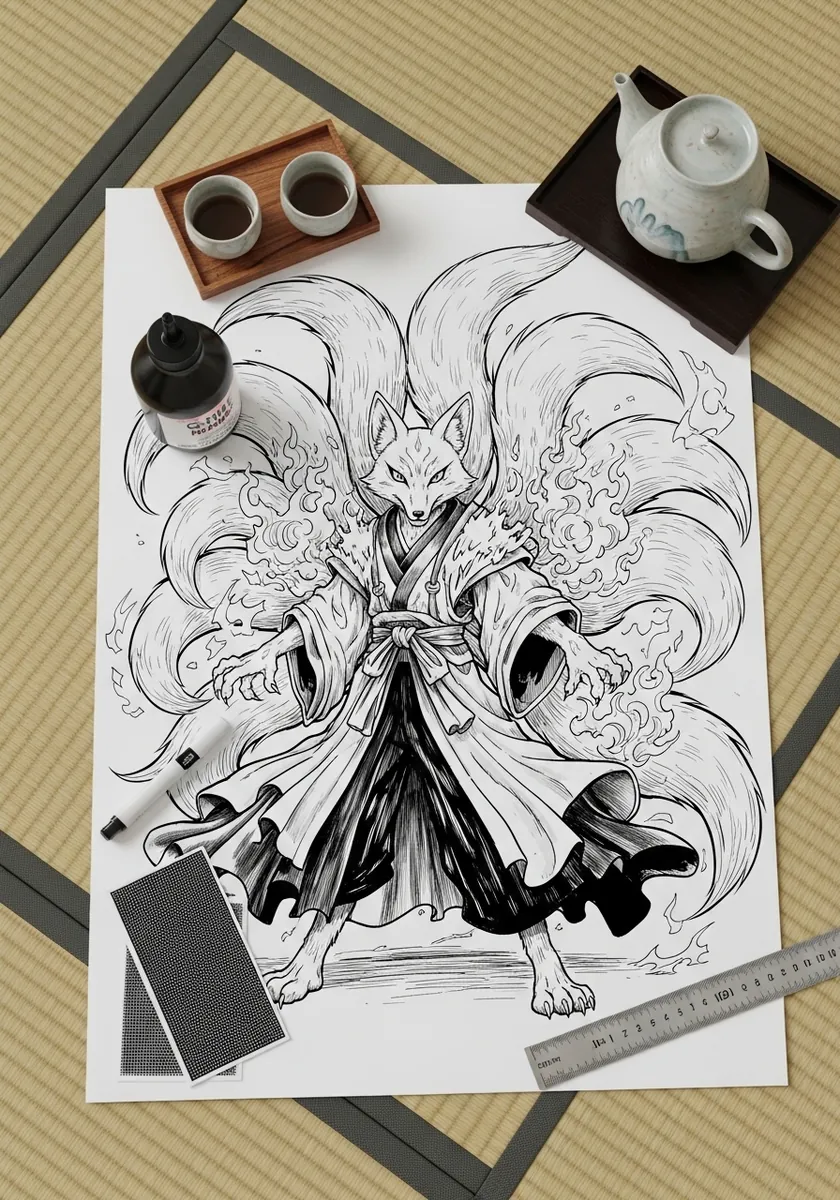 Ink line drawing of a cartoon nine tailed fox spirit in flowing robes
