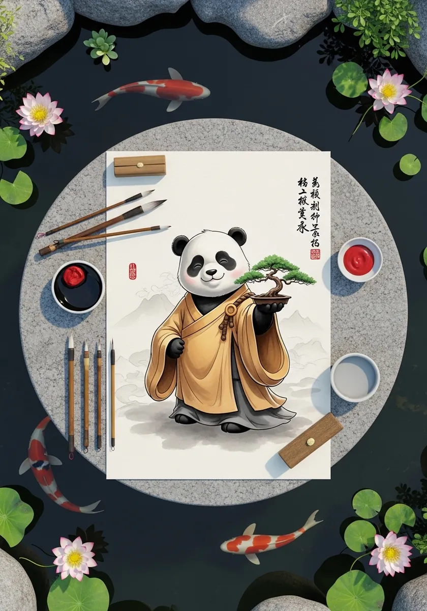 Cartoon panda in a monk robe holding a bonsai tree in ink wash style