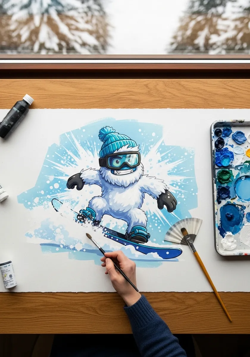 Cartoon white yeti in goggles and a beanie snowboarding through blue snow spray