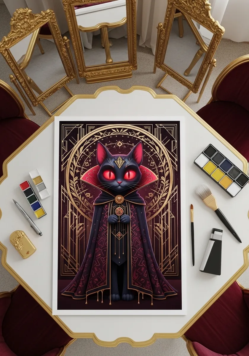 Art deco style black cat vampire in a red cloak against gold geometric patterns