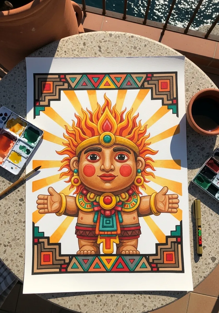 Cartoon Aztec sun god with a flaming headdress inside a geometric border