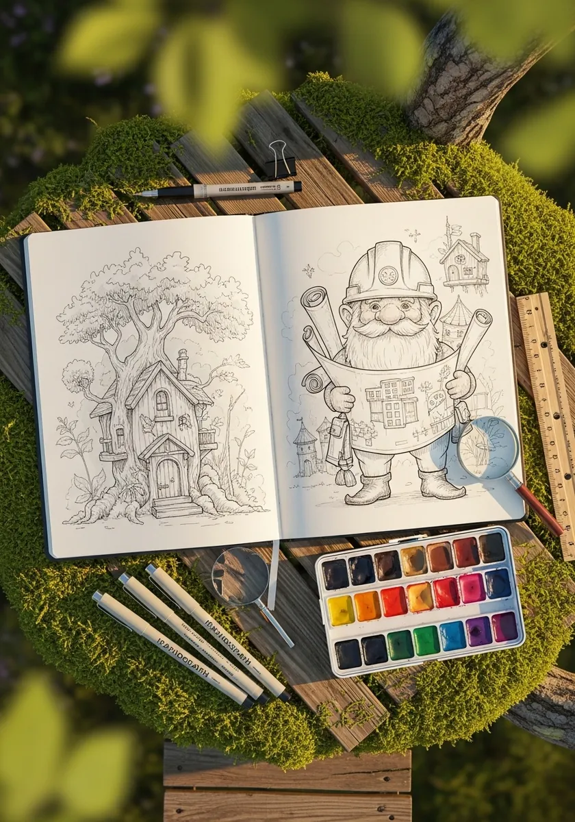 Line drawing of a cartoon gnome in a hard hat holding blueprints beside a treehouse