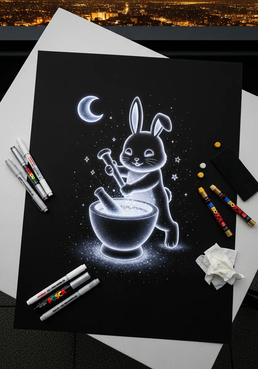 White chalk rabbit pounding a mortar under a crescent moon on black paper
