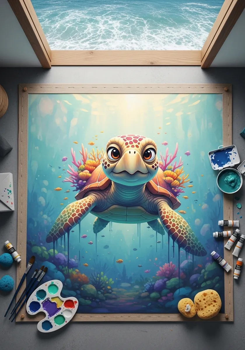 Cartoon sea turtle with a coral patterned shell swimming through a bright reef