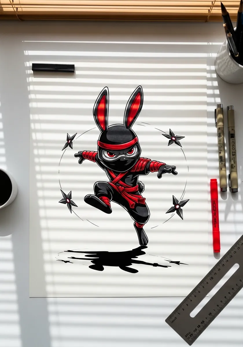 Cartoon black and red ninja rabbit leaping with throwing stars around it