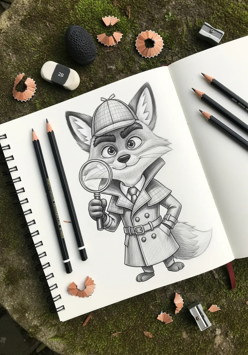 Pencil drawing of a cartoon fox detective in a trench coat with a magnifying glass