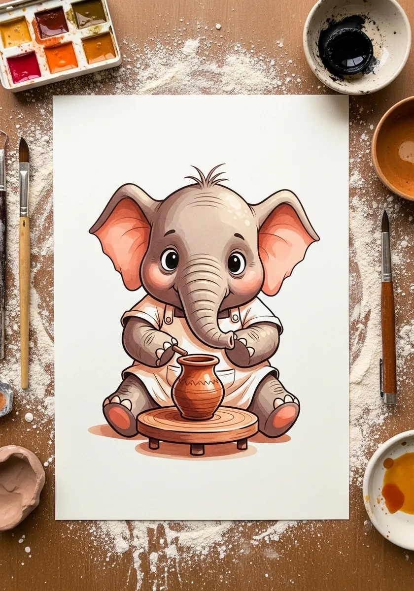 Cartoon baby elephant in an apron shaping a clay pot on a pottery wheel