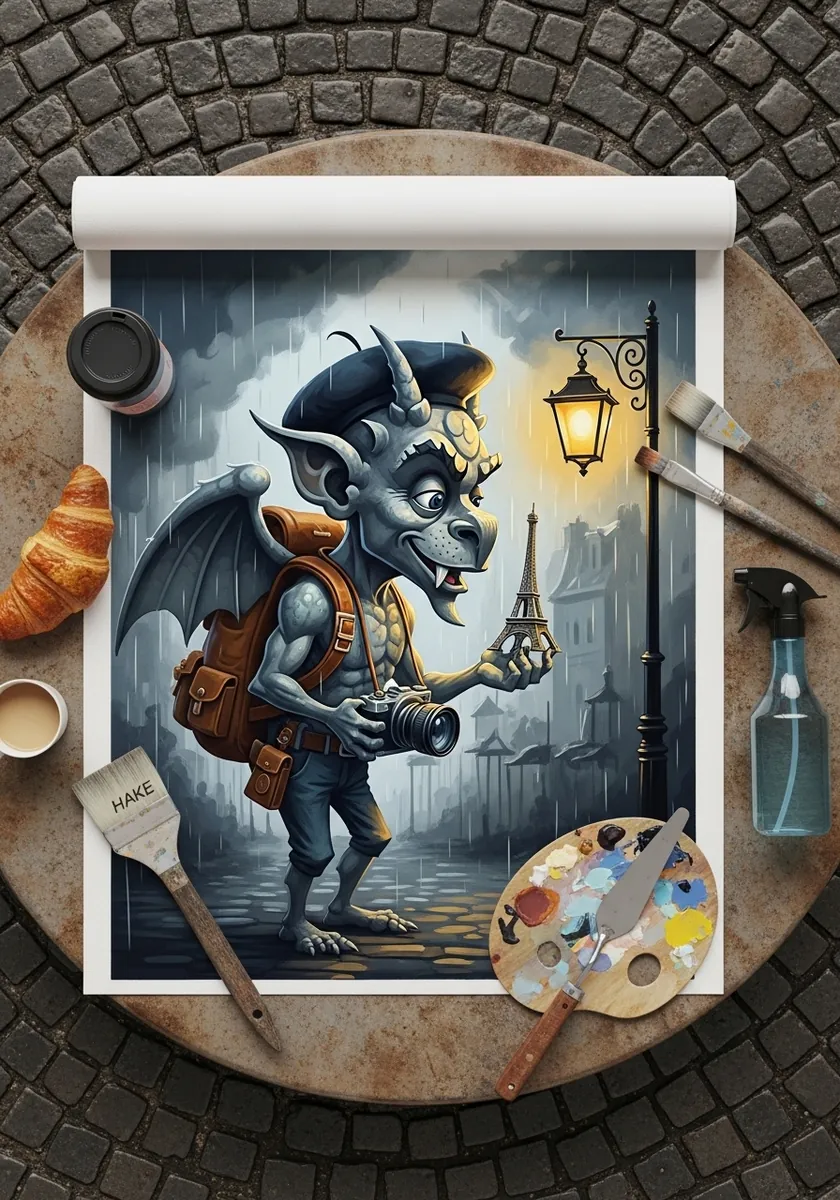 Cartoon stone gargoyle with a camera and backpack on a rainy cobbled street