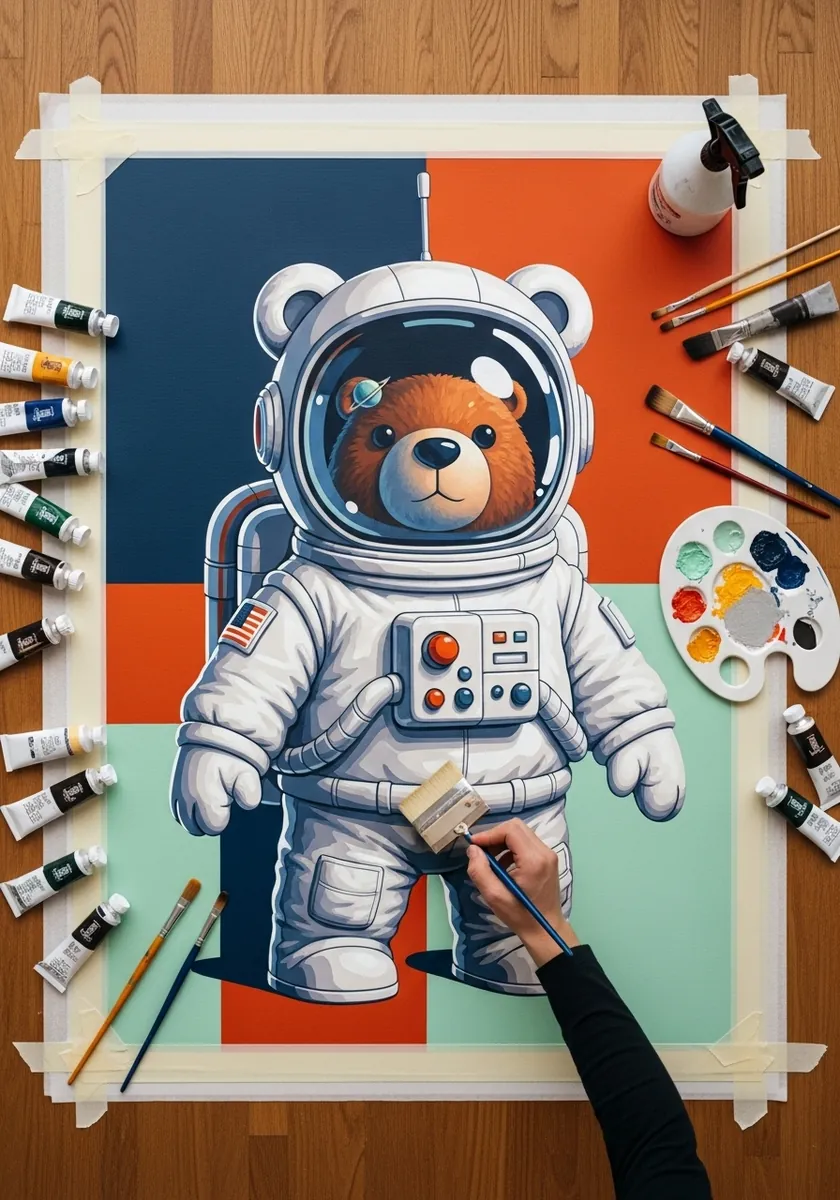 Cartoon teddy bear in a white astronaut suit against orange and navy color blocks