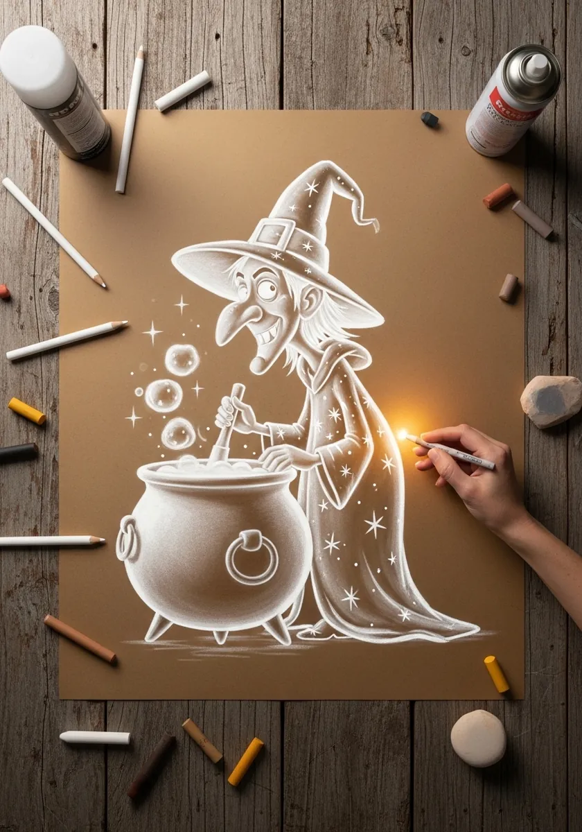 White chalk drawing of a cartoon witch stirring a cauldron on brown kraft paper