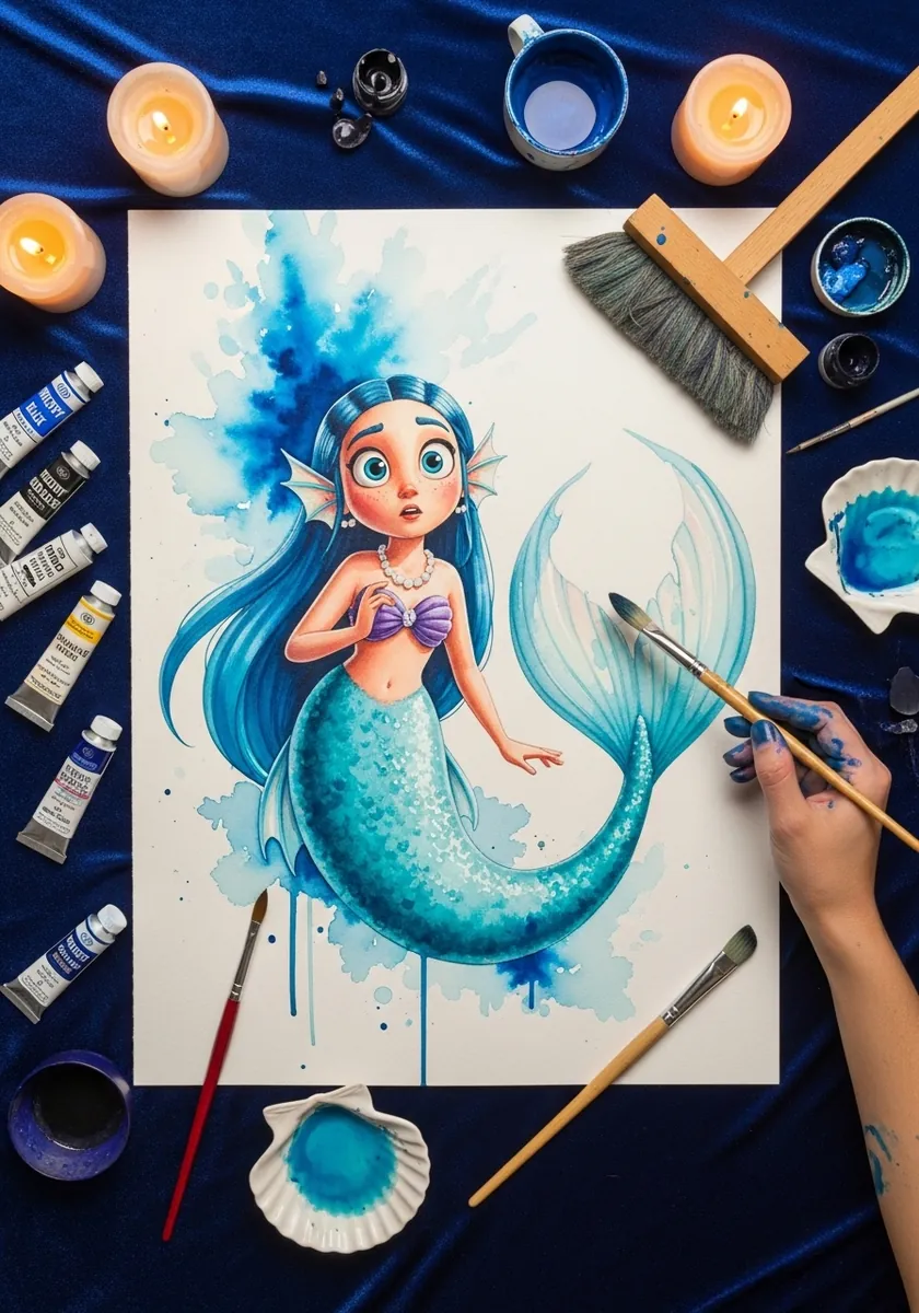 Cartoon mermaid with long blue hair and a teal tail in loose watercolor