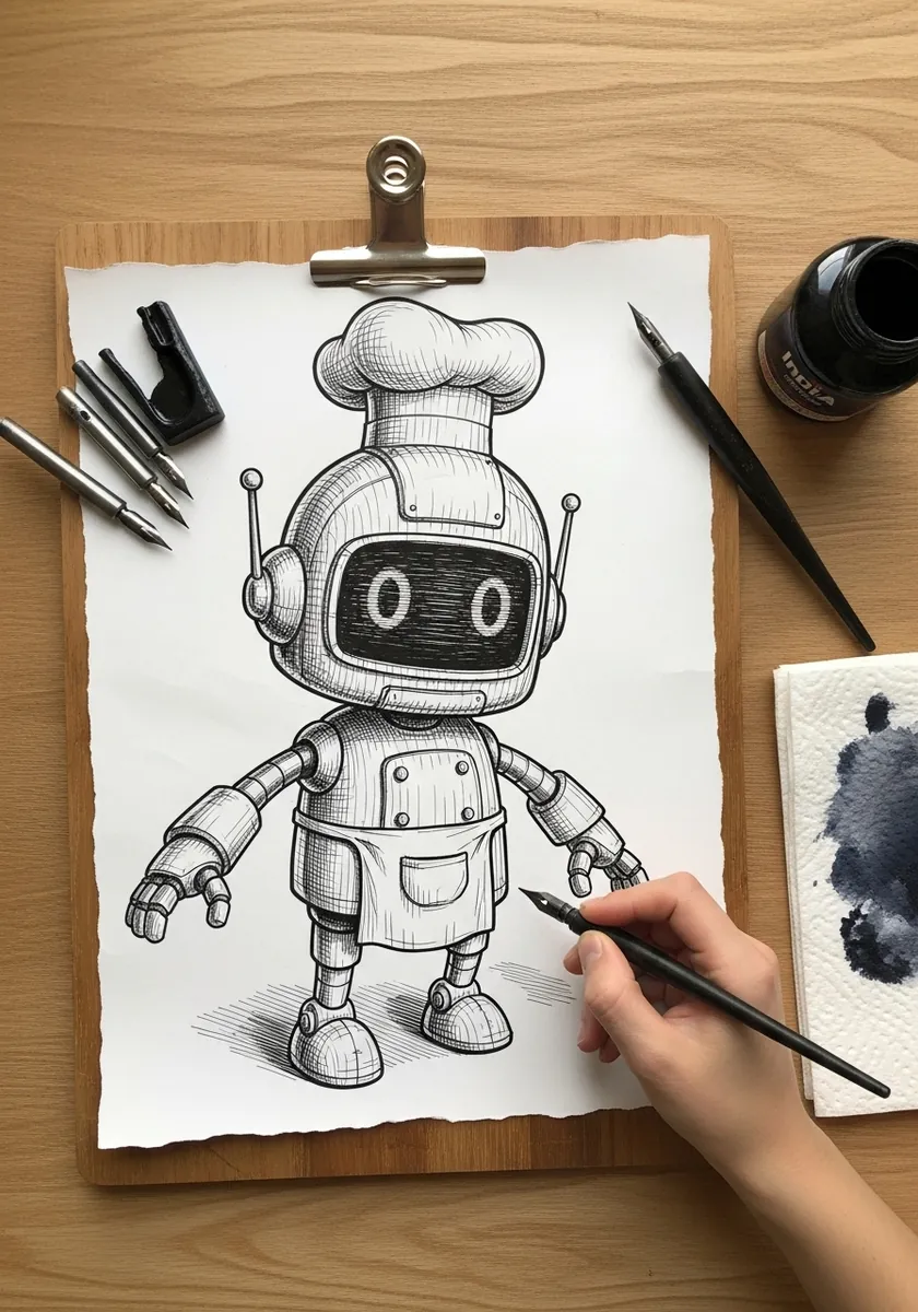 Fine ink line drawing of a cartoon robot wearing a chef hat and apron