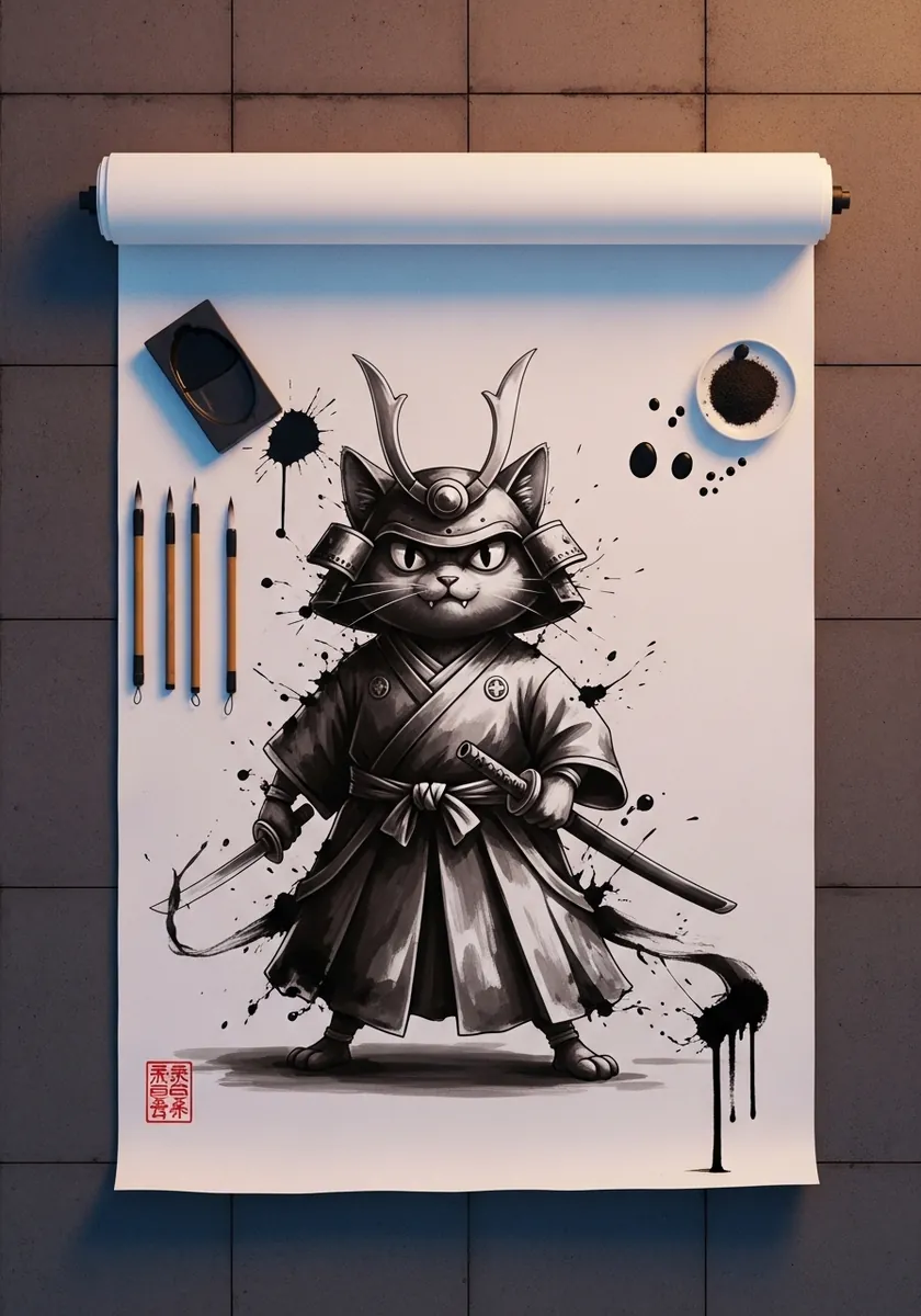 Black ink samurai cat in armor and robes drawn in loose brush strokes