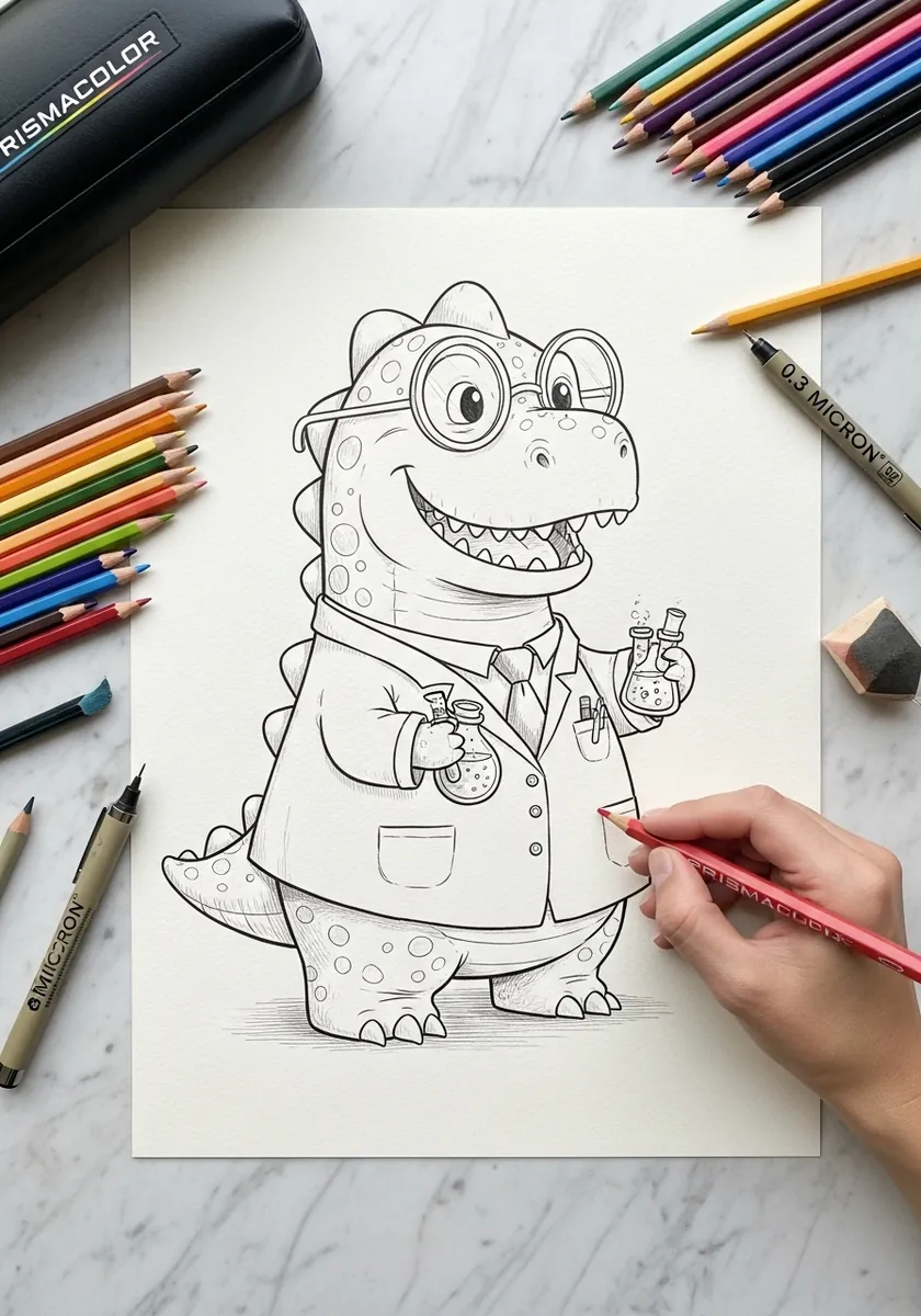 Line drawing of a cartoon dinosaur in a lab coat holding a flask