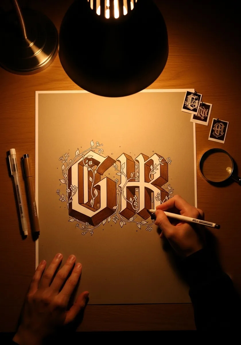 Ornate illuminated manuscript capitals on toned paper under warm lamplight