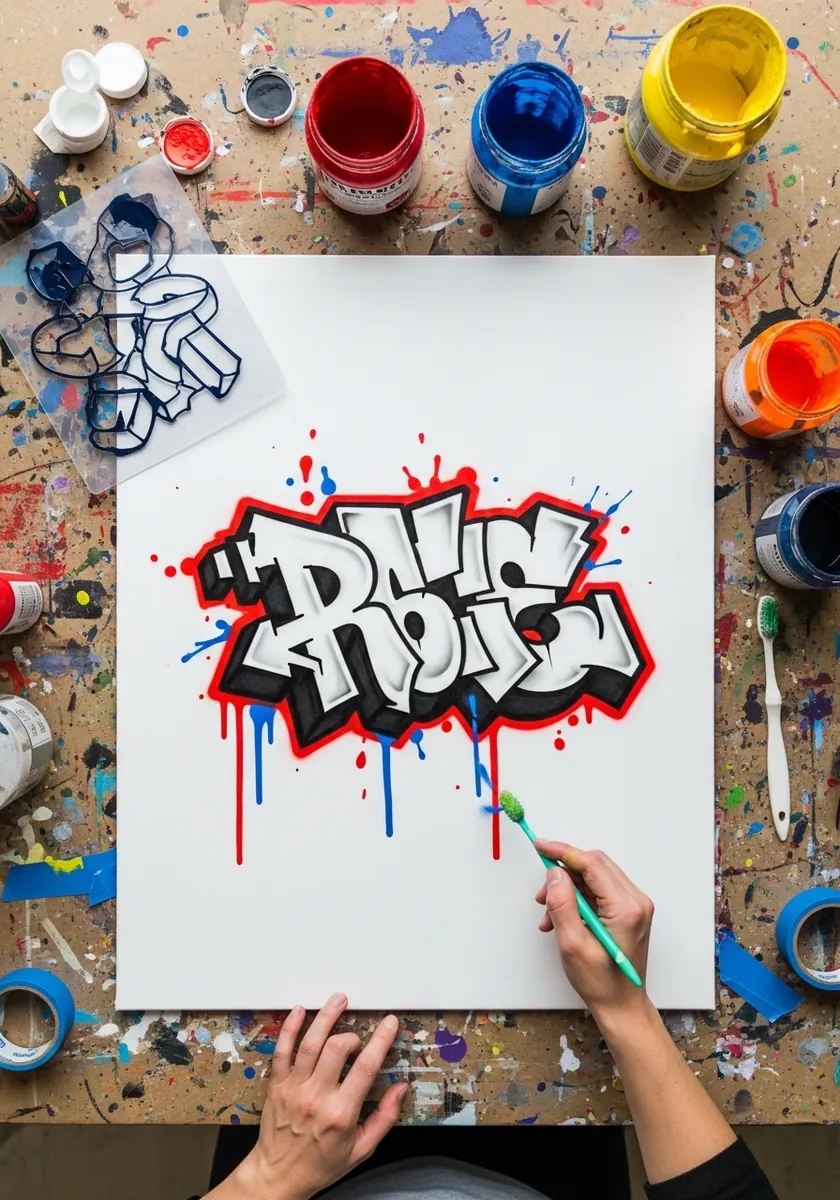 Wildstyle graffiti letters in black white and red with paint drips