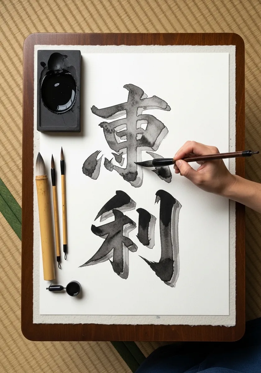 Bold black brush ink characters painted with a loaded calligraphy brush