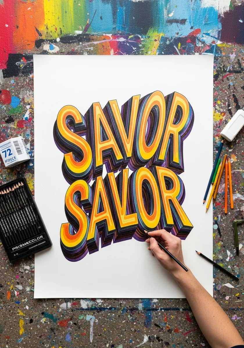 Retro script lettering with layered yellow orange and purple offset shadows