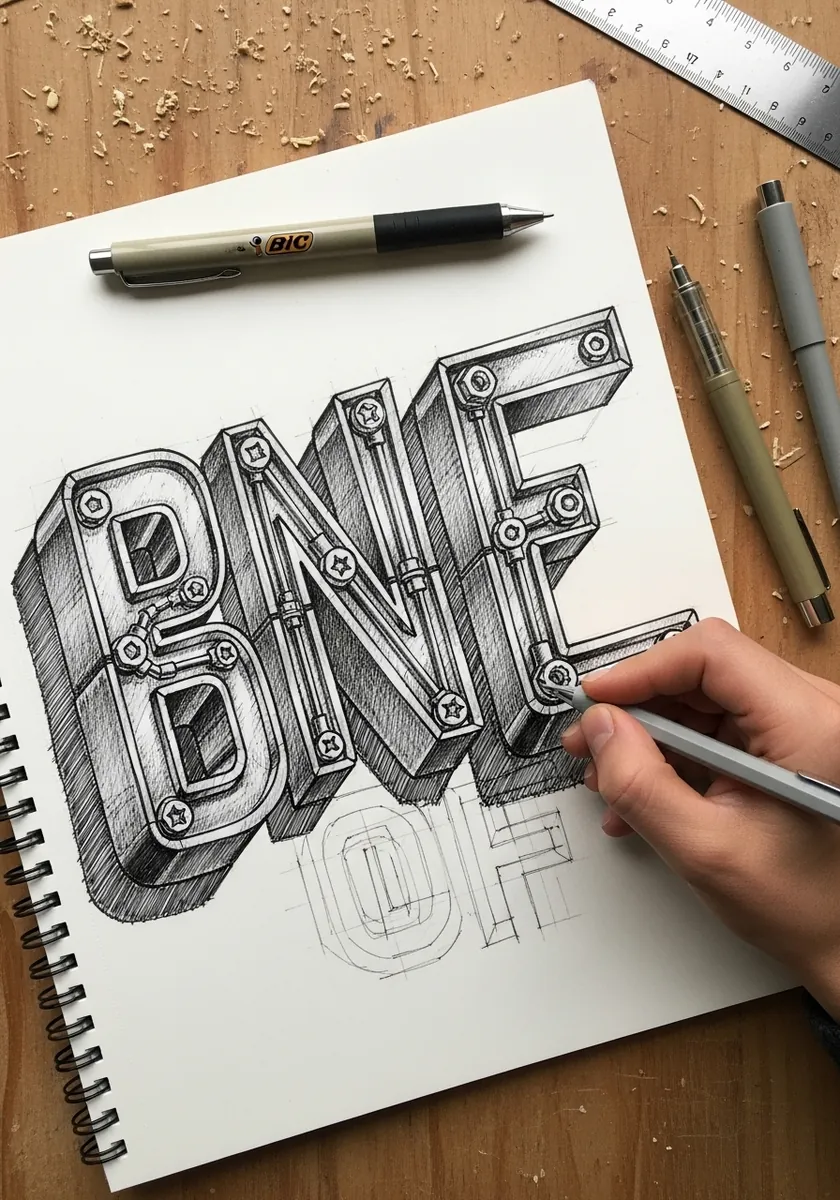 Industrial style letters drawn in pencil with rivets bolts and metal plates
