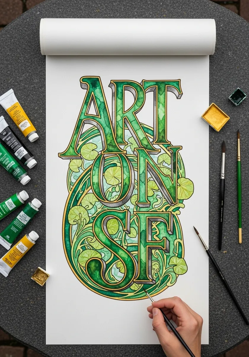Art nouveau letters in green and gold entwined with leaves and vines