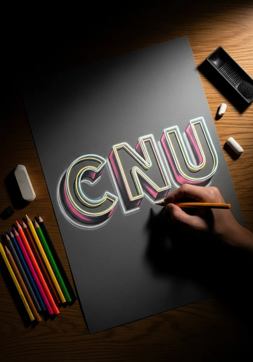 Glowing neon outline letters in pink and cream on dark gray paper