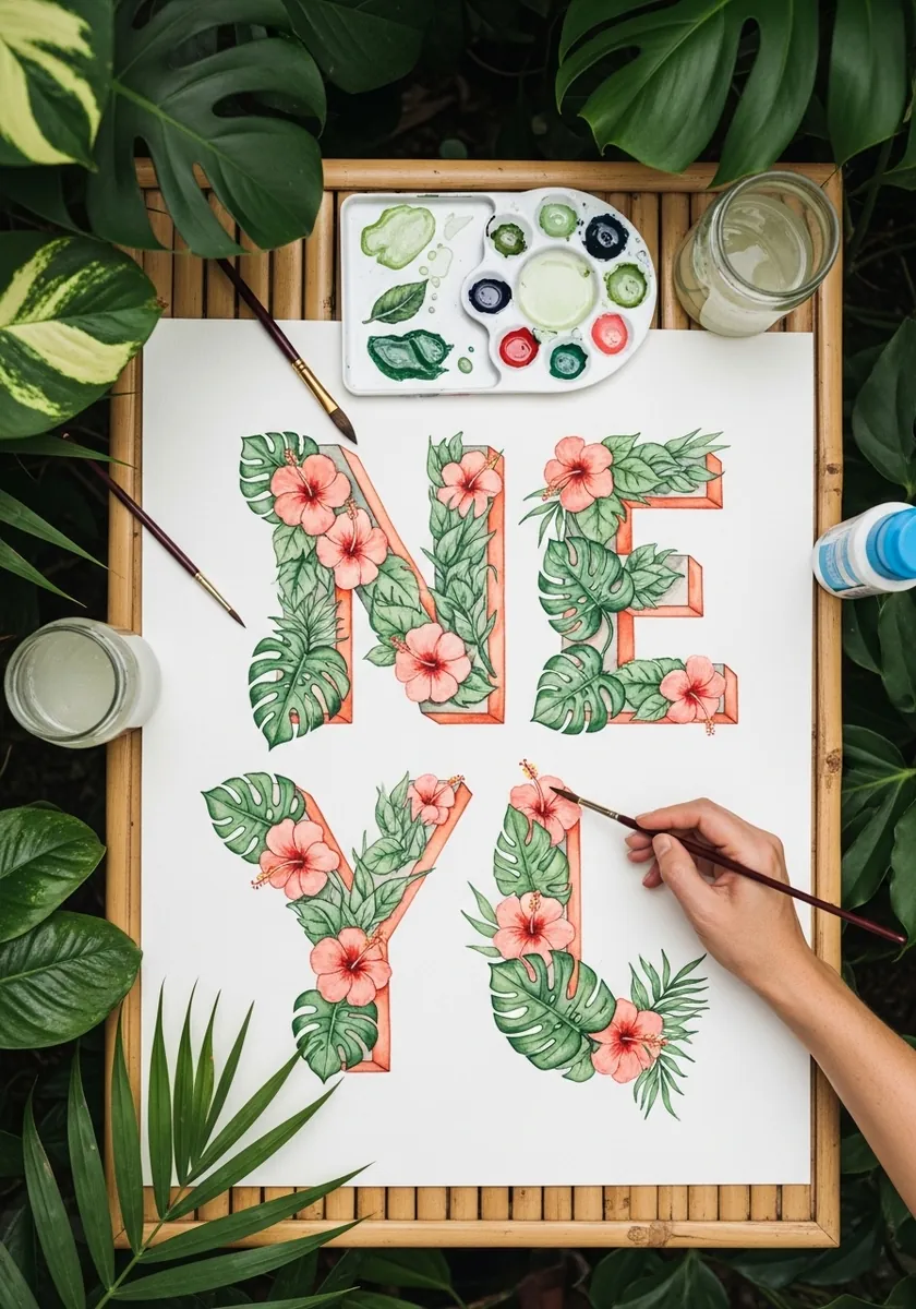 Letters filled with tropical leaves and pink hibiscus flowers in watercolor