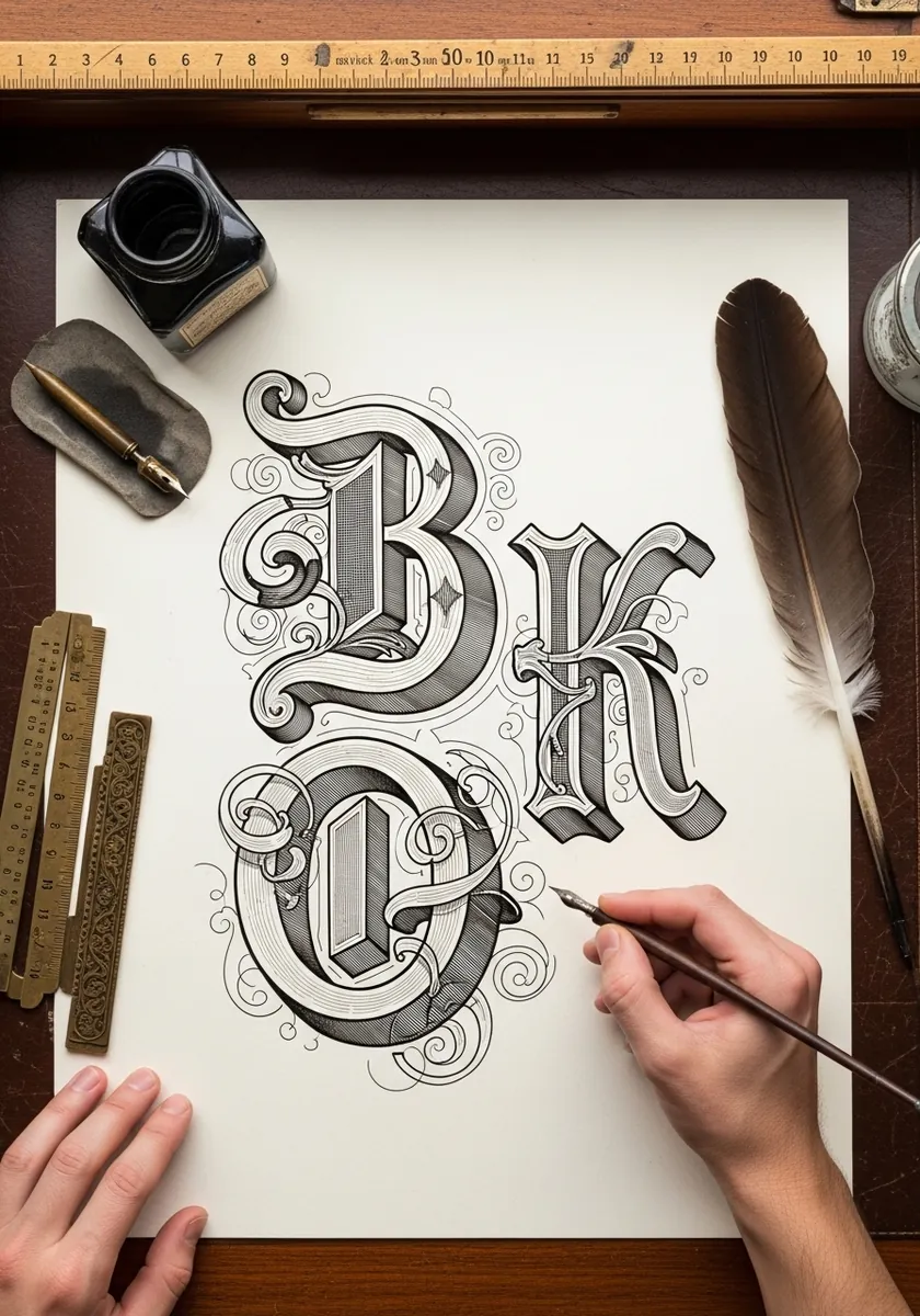 Victorian style decorative monogram letters in gray ink with swirling ornament