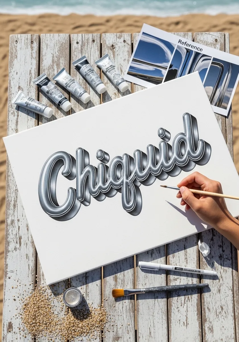 Chrome effect script lettering in silver and blue with sharp reflections