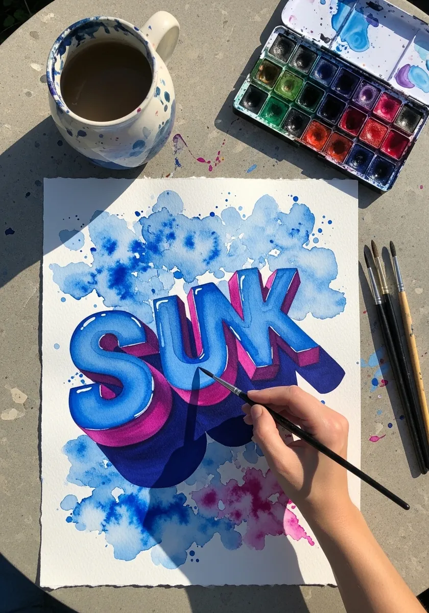 Rounded watercolor bubble letters in blue and magenta with cloud splashes