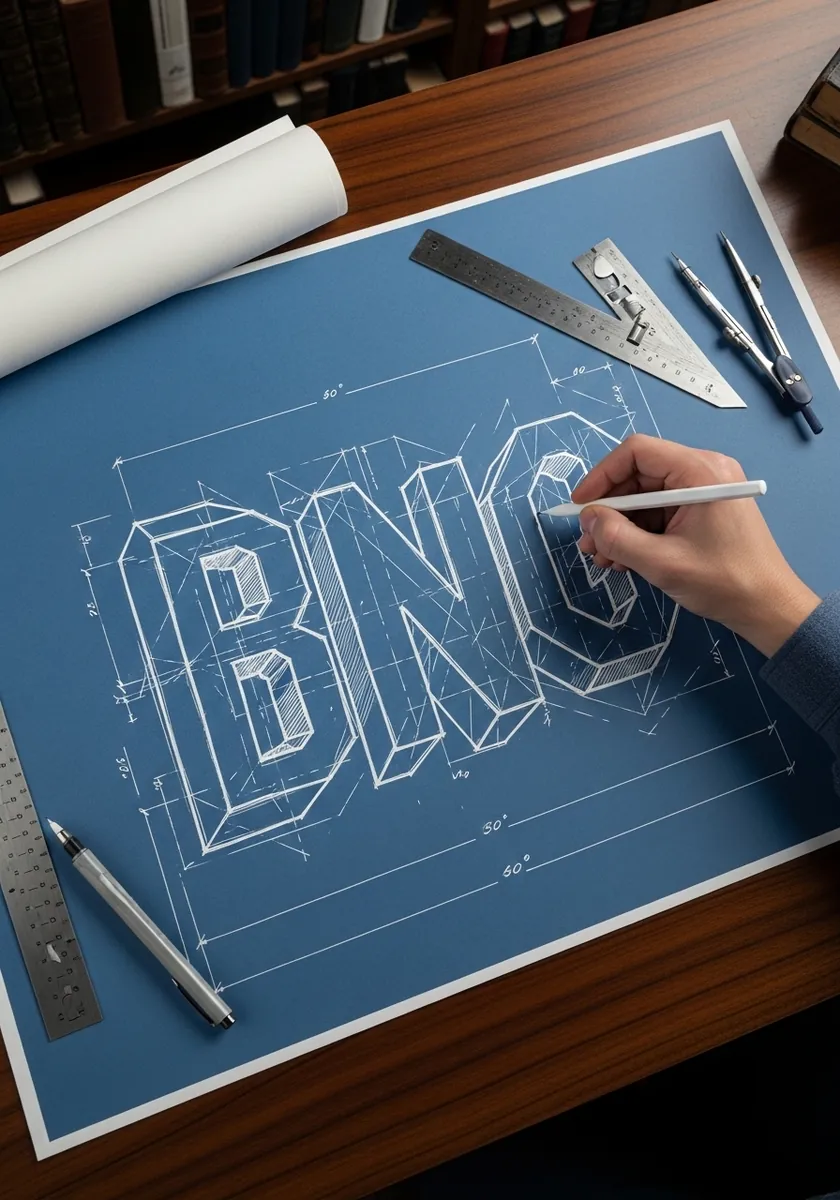 White technical blueprint letters with measurement lines on blue paper