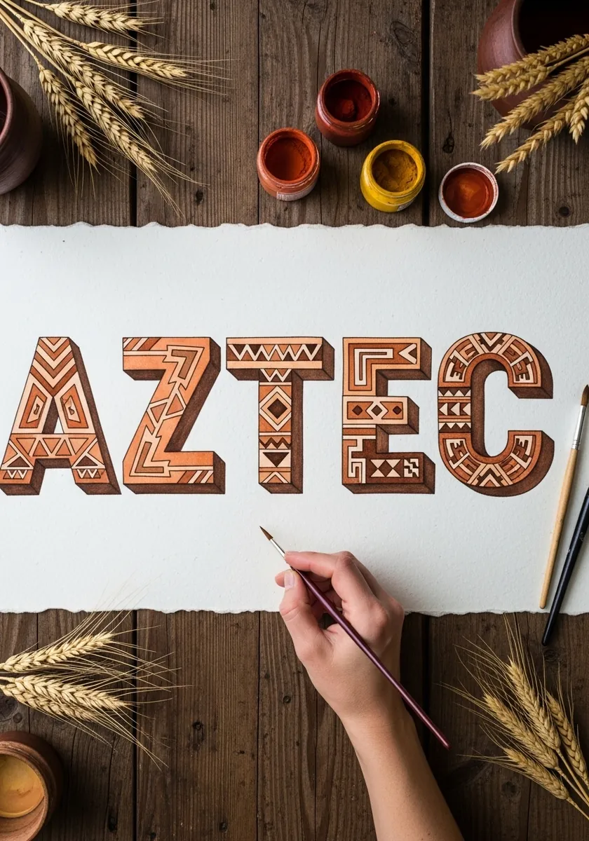 Block letters filled with terracotta Aztec geometric patterns