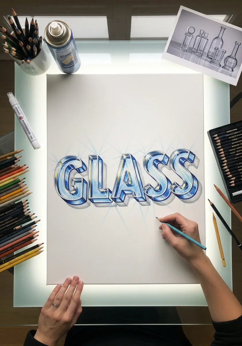 Transparent glass effect letters in blue with refractions and highlights