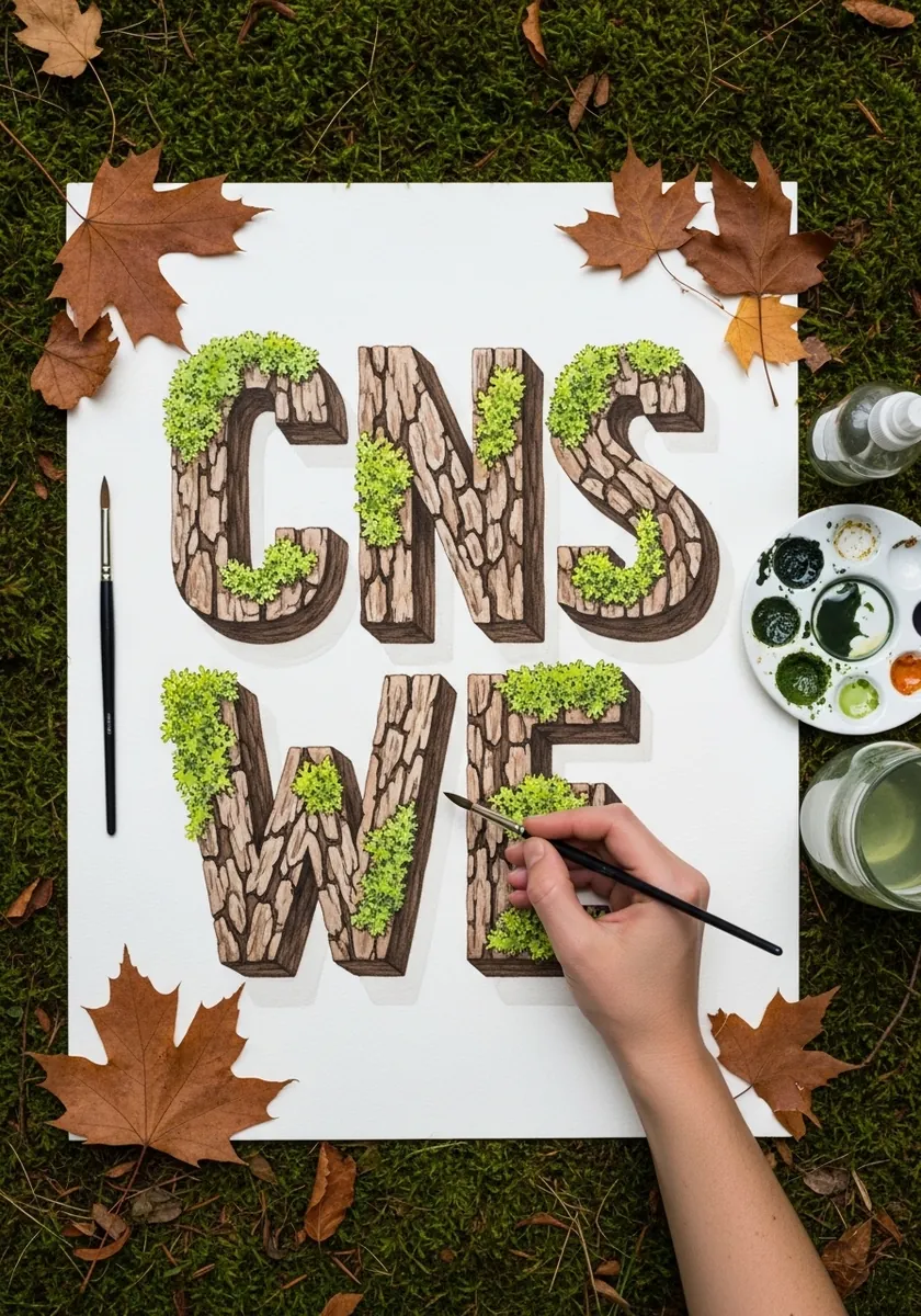 Letters drawn as tree bark covered with green moss and autumn leaves