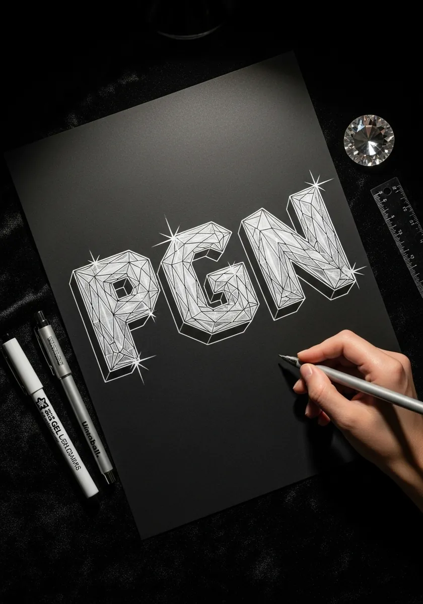 Faceted crystal letters drawn in white line on black paper with sparkles
