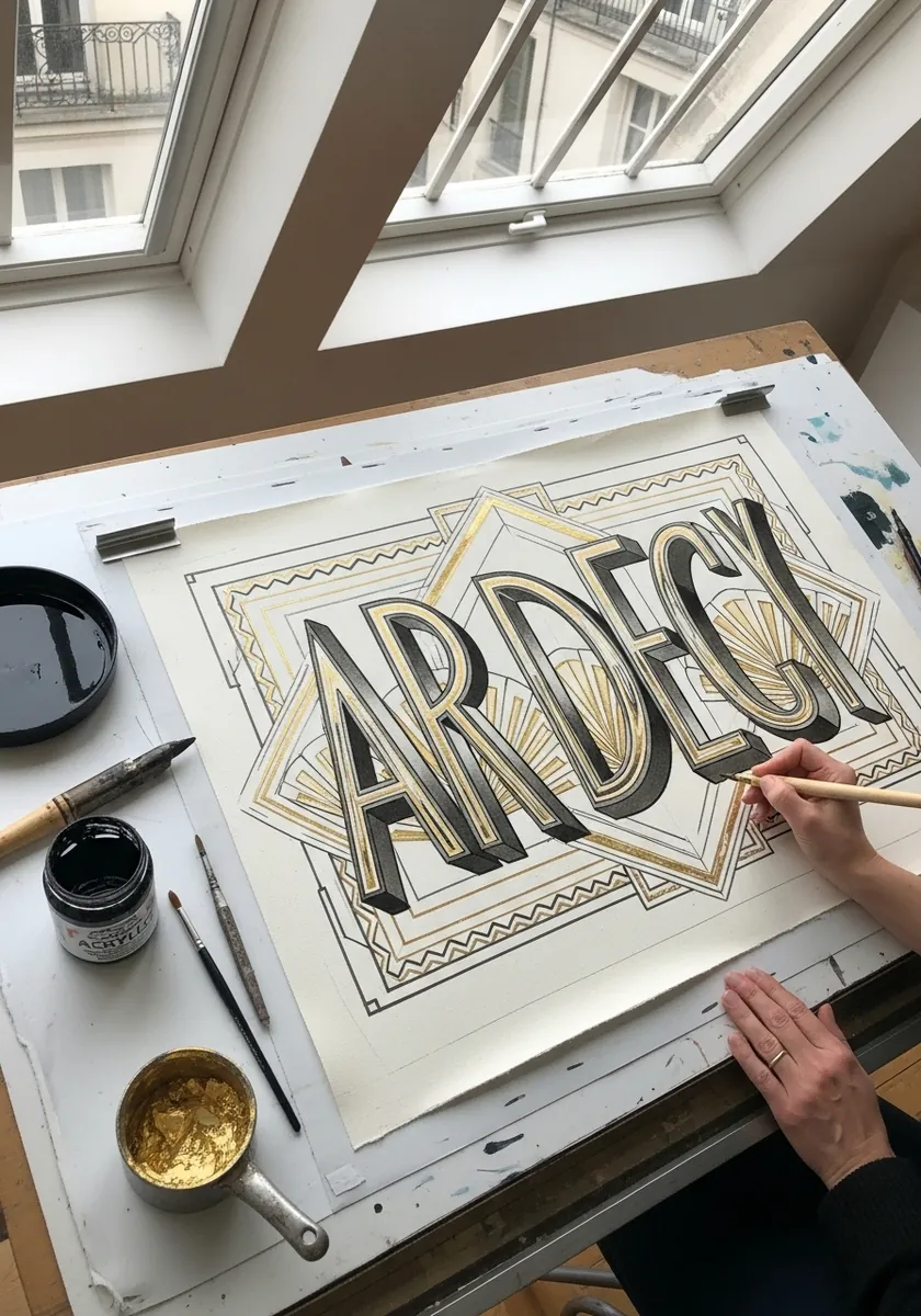 Art deco lettering in black and gold inside an ornate geometric border