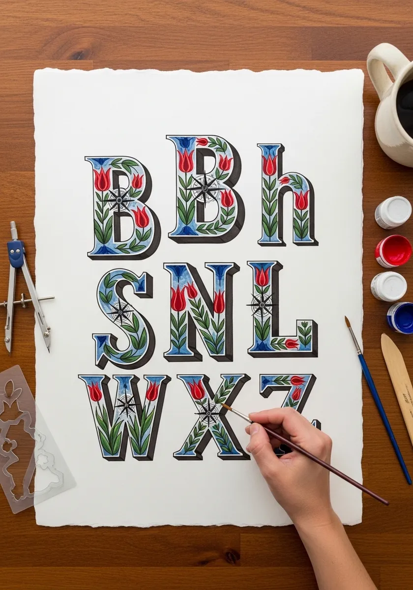 Alphabet of ornate letters filled with blue and red folk flower patterns
