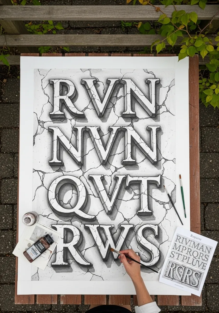Chiseled stone letters in gray with cracks running across the surface