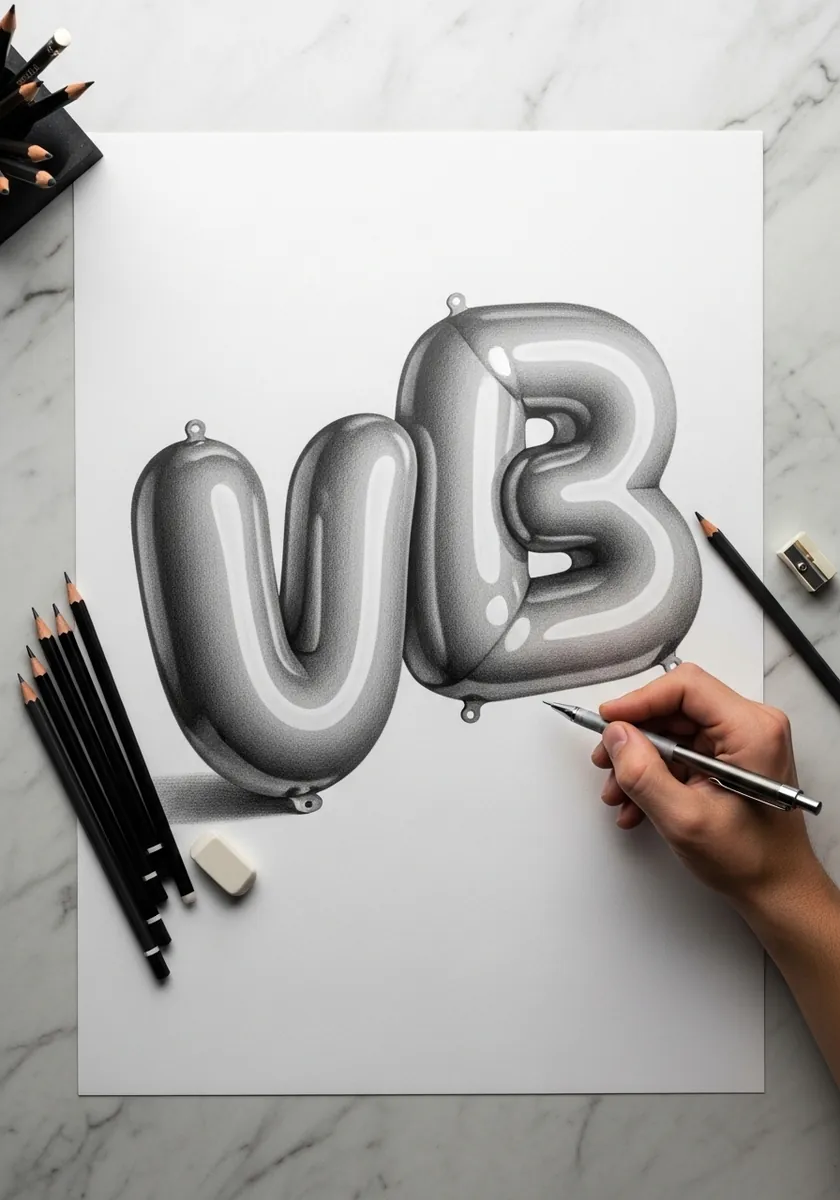 Silver balloon style letters drawn in graphite with bright white highlights