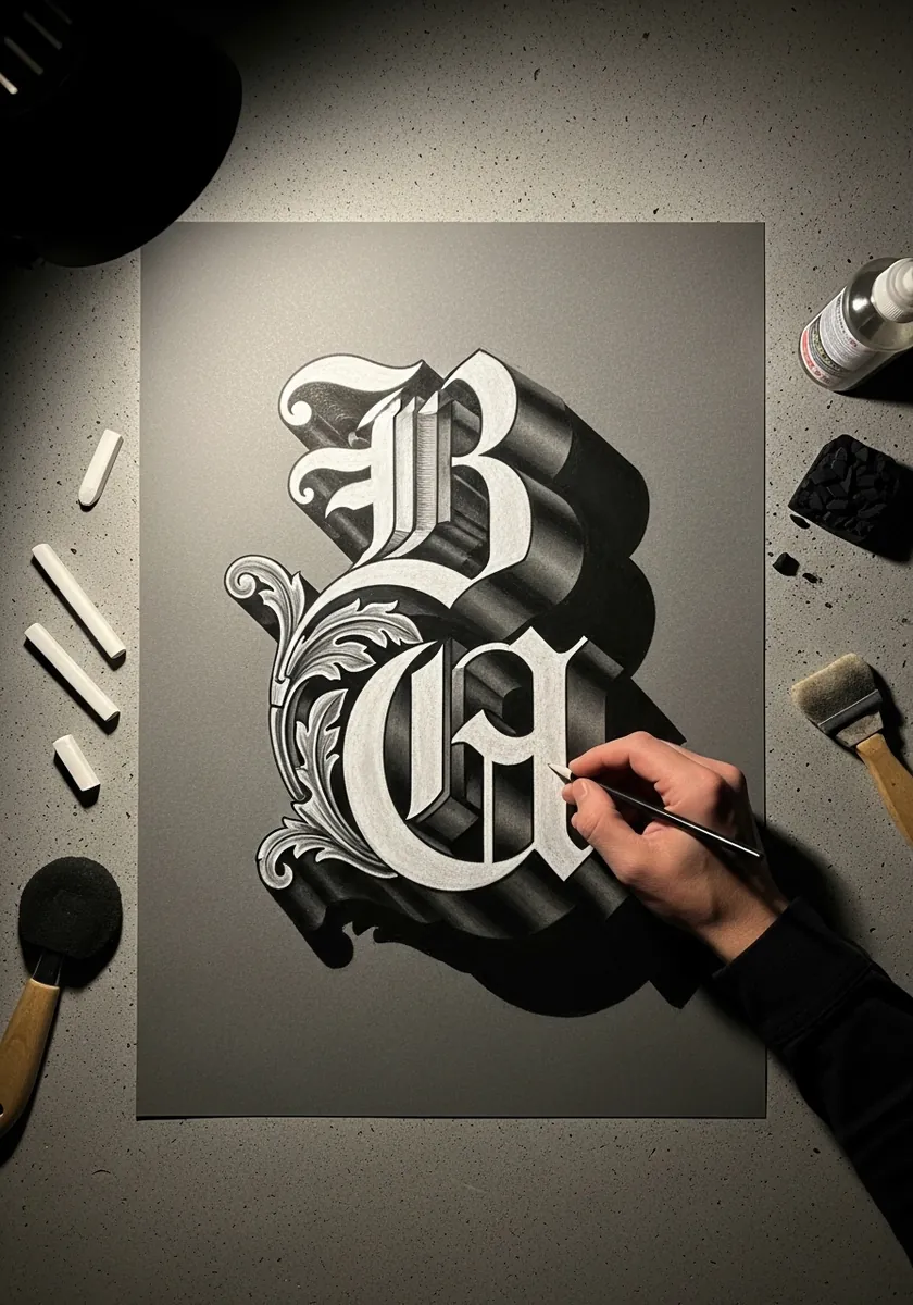 Ornate white blackletter capitals on gray paper with a deep black shadow