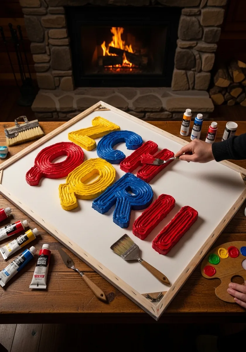 Chunky letters painted in thick red yellow and blue impasto paint