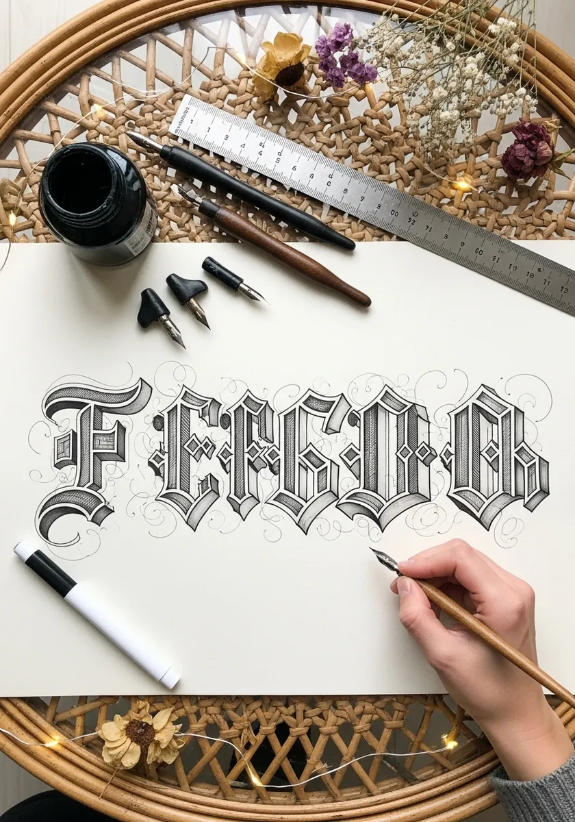 Ornate blackletter capitals in black ink with decorative swirls and flourishes