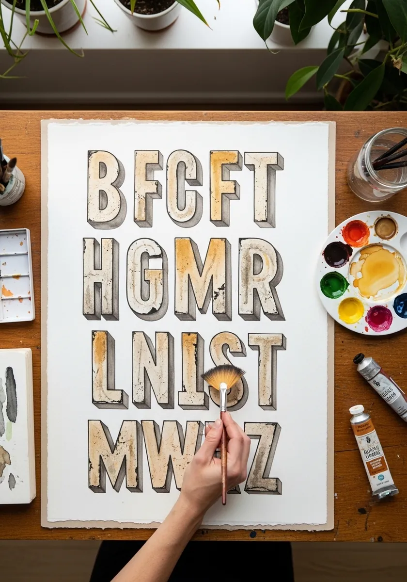 Full alphabet of weathered wooden block letters in cream and gray tones