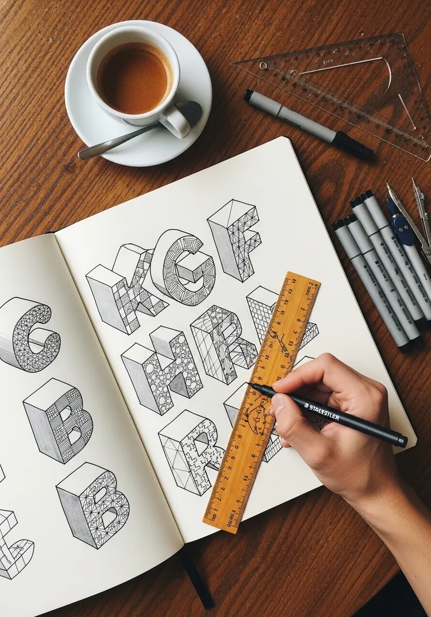 Isometric 3D letters drawn on a grid in fine black ink with a ruler