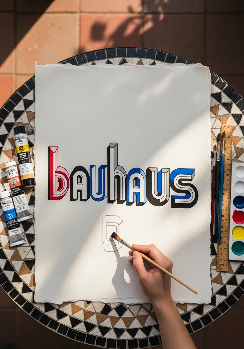 Bauhaus style lowercase word in red blue and black geometric letterforms