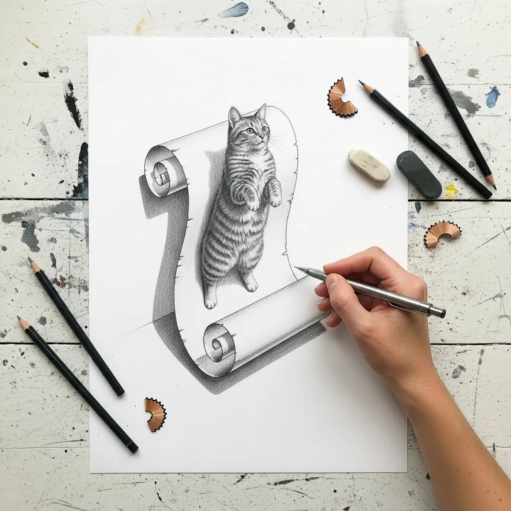 Graphite cat standing upright on a curled scroll of paper