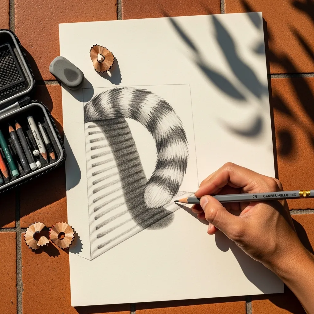 Pencil drawing of a striped cat tail curling out of a shaded 3D letter form