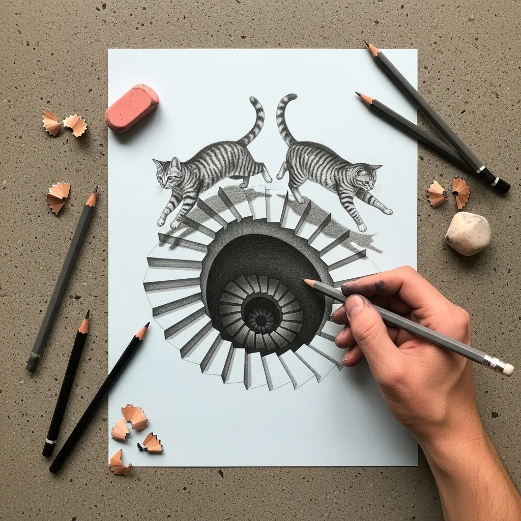 Two pencil cats walking around a spiral staircase descending into the page