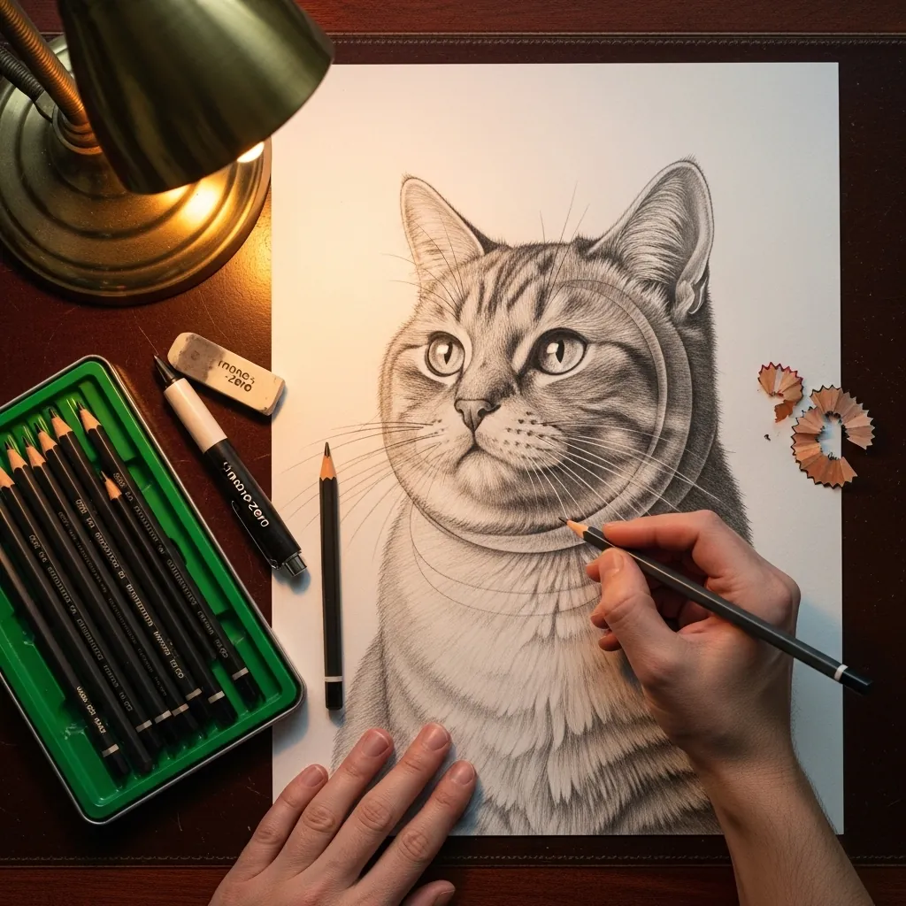 Detailed graphite portrait of a tabby cat under warm lamplight